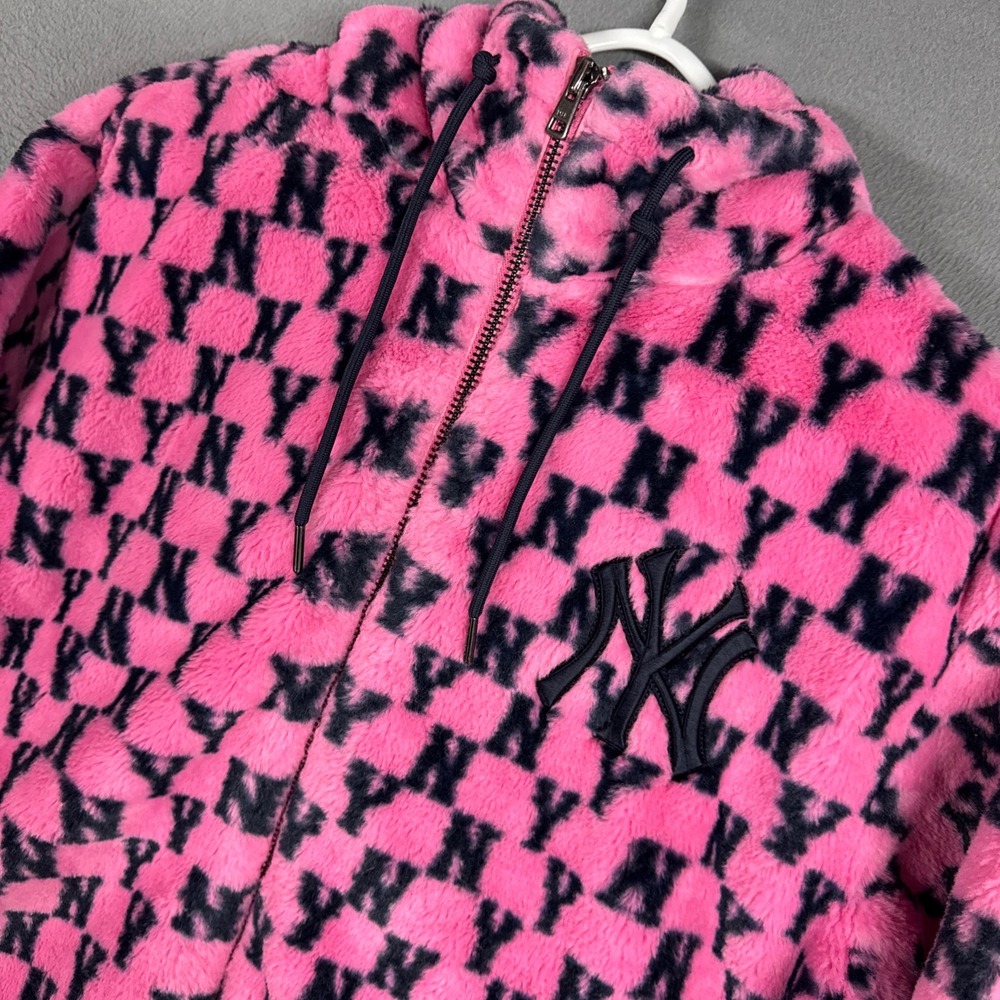 MLB Fleece Hoodie Jacket Medium Pink Monogram NY Yankees Faux Fur Zip Up RARE!